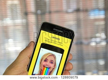 MONTREAL CANADA - MARCH 20 2016 - Snapchat lenses on android cell smartphone. Snapchat is a mobile messaging application used to share photos videos text and drawings.