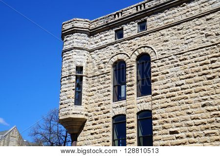 A turret on the side of the old Saint John's Universalist Church in downtown Joliet.