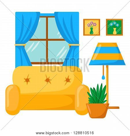 Vector sofa interior. Cartoon living room interior with sofa lamp window. Vector illustration with front view sofa interior. Home relaxing. Isolated sofa interior. Cartoon furniture indoor design