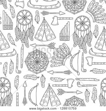 Seamless background with hand drawn objects on native american theme: tomahawk feather canoe bow arrow hat mandala flute pipe dreamcatcher. Native american concept for your design