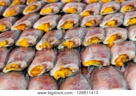 Close up salted Snake Skin Gourami drying fish