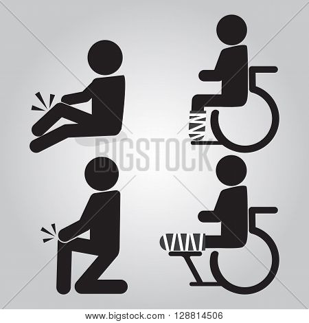 Injury man in bandage and wheelchair sign icon set illustration