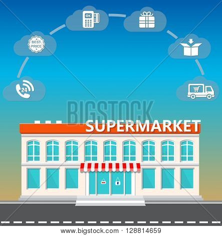 Shop supermarket on the roadside and icons of ordering. Vector illustration