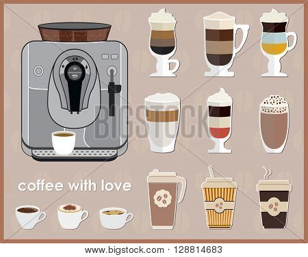 Coffee machine and equipment. Coffee Icon Set. Vector illustration
