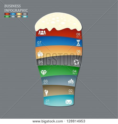 Template for vector beer glass infographic diagram graph presentation chart. Business startup idea concept with 8 options parts steps or processes.
