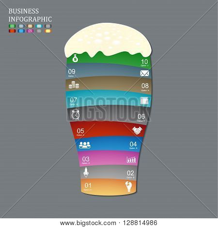 Template for vector beer glass infographic diagram graph presentation chart. Business startup idea concept with 10 options parts steps or processes.