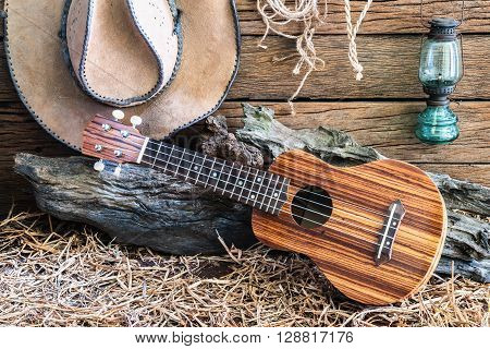 Still life photography with ukulele with american west rodeo brown felt cowboy hat and traditional in vintage ranch barn background