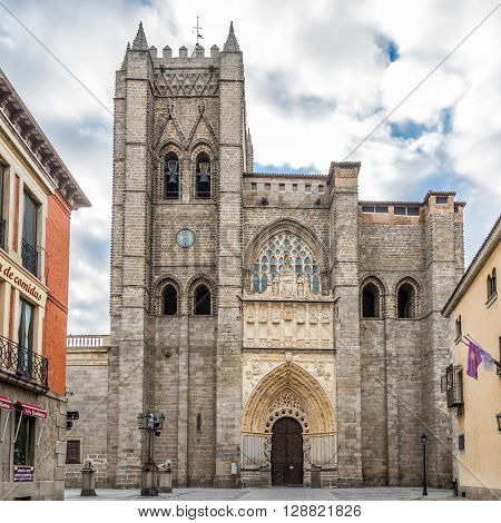 AVILA,SPAIN - APRIL 23,2016 -Roman - Gothic Cathedral El Salvador of Avila  . Avila is a Spanish town located in the autonomous community of Castile and Leon .