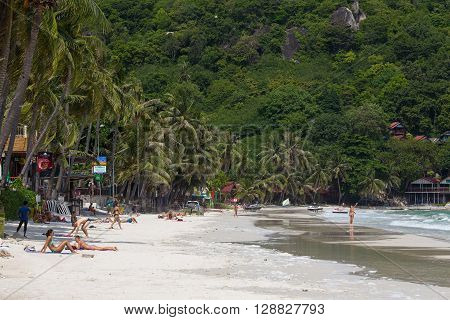 KOH PHANGAN THAILAND - OCTOBER 30 2015: Haad Rin beach after full moon party. Thailand attracts many tourists every year