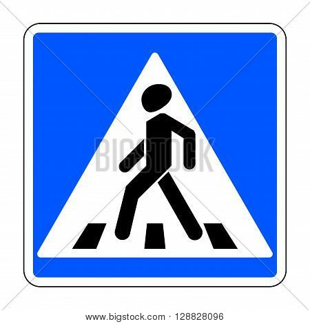 Pedestrian crossing sign. Traffic sign zebra crossing. Illustration of blue square warning sign for pedestrian crossing isolated on white background. Stock vector illustration