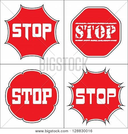 STOP. Traffic stop sign on pure white. Set of red octagonal stop signs for prohibited activities. Set a stop sign in the octagon of different shapes. Different fonts. Stock Vector illustration