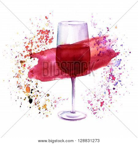 A watercolor illustration with a glass of red wine in a circle of splashed paint of various colors a festive design