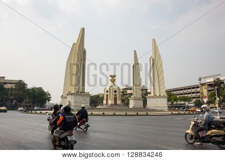 BANGKOK THAILAND - JANUARY 25 2015: Democracy monument that lies in the centre of Bangkok established in 1940 that should remind of the military putsch of 1932. Its one of the landmarks of Bangkok.