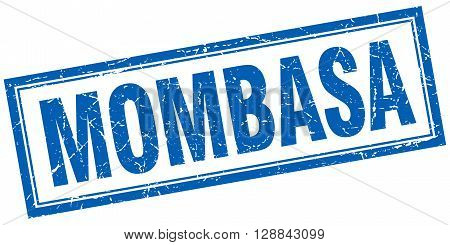Mombasa blue square grunge stamp on white