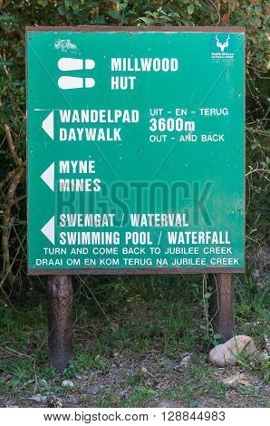 MILLWOOD SOUTH AFRICA - MARCH 4 2016: Information board for the walking trails at Jubilee Creek a picnic spot in the Knysna Forest in the Garden Route National Park