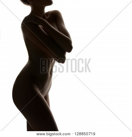 Contours of beautiful fit young woman body. Isolated over white background. Copy space.