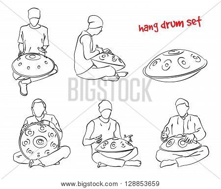 Musician playing hang drum. Vector silhouette set on white background.