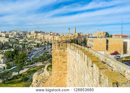The Bonei Yerushalayim garden located at the foot of the huge city walls of Jerusalem Israel.