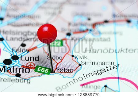 Ystad pinned on a map of Sweden