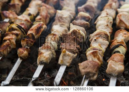 Skewers on the grillat nature. Image close-up