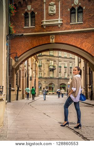 Beautiful girl traveling in the ancient town