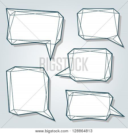 Set of thin line low polygon 3d abstract bubbles. Speech balloons for talk in a form of prism. Vector design template.