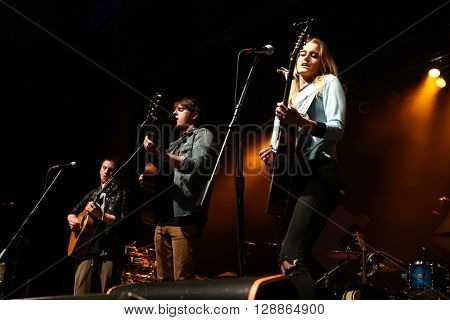 HUNTINGTON, NY-MAR 26: (L-R) Elijah Edwards, Mason Van Valin and Megan McAllister of Fairground Saints perform onstage at the Paramount on March 26, 2016 in Huntington, New York.