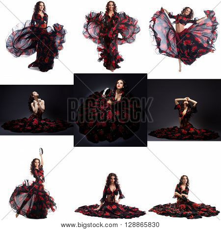 Collage of beautiful brunette posing in gypsy dance