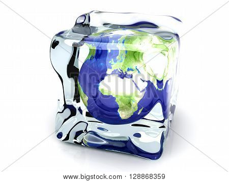 The Earth in a Ice Cube. 3D rendered Illustration.