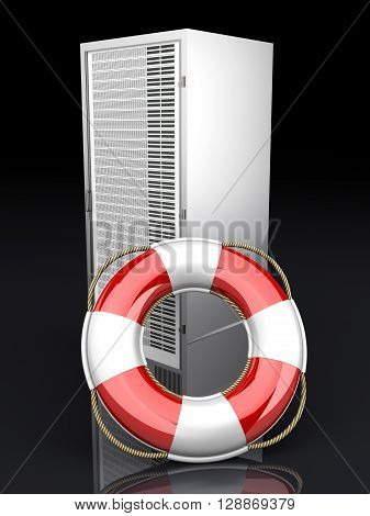 A life belt with a Server tower. 3d rendered Illustration.