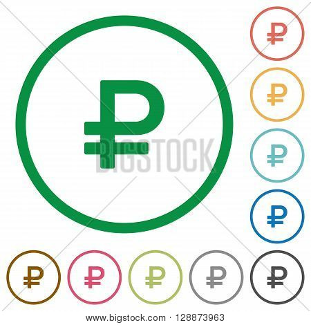 Set of Ruble sign color round outlined flat icons on white background