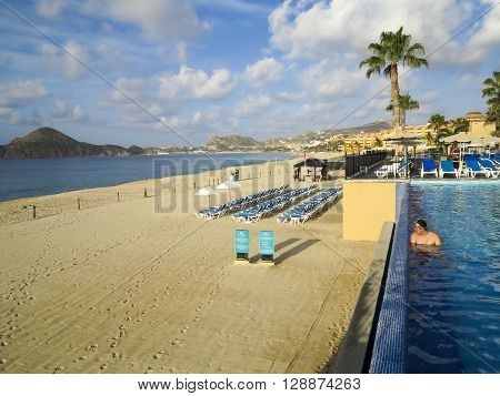 CABO SAN LUCAS, MEXICO - AUGUST 8, 2014: Unidentified people at RIU Santa Fe Hotel at Cabo San Lucas Mexico. It is a 5 star hotel at Baja California with 902 guest rooms.