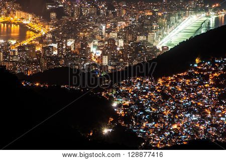 Rocinha Slum and Leblon and Ipanema at Night