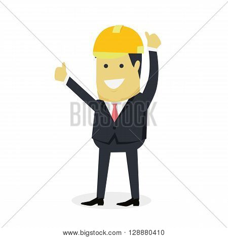 Businesman show gesture thumb up. Young successful investor man in helmet do business hand gesture shows good job isolated on white background. Approval of praise and agreement. Vector illustration