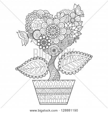 Flowers in heart shape on a pot line art design for coloring book for adult, tattoo, T- Shirt graphic, cards and so on