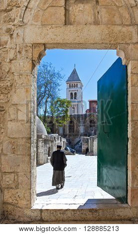 Jerusalem Israel - November 3 2010: A priest in the Ethiopian Monastry