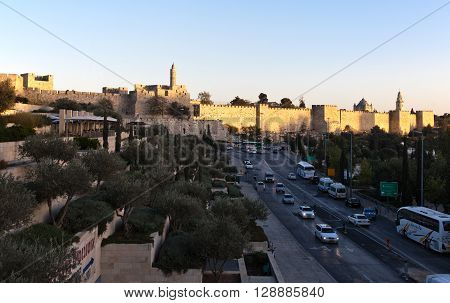 Jerusalem Israel - November 3 2010: The Citadel at sunset seen from Mamilla road.