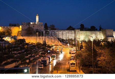 Jerusalem Israel - November 3 2010: The Citadel in the night seen from Mamilla road.