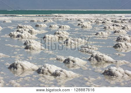 deposits of mineral salts, typical landscape of the Dead Sea, Israel