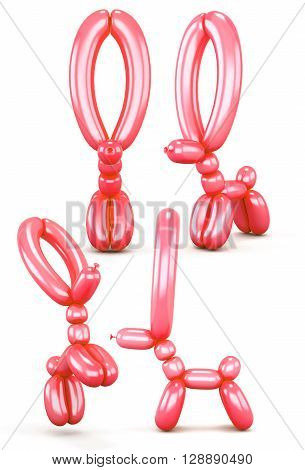 Set of animal figures out of balloons isolated on white background. Different view. Animal with long ears. Red animal balloons. 3d rendering
