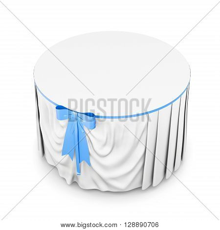 White tablecloth with blue bow isolated on white background. Round table. 3d render image