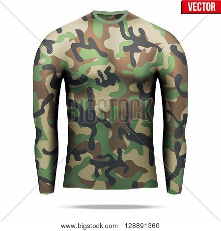 Base layer underwear compression shirt with long sleeve of thermal fabric in woodland camouflage style. Sample typical technical illustration.  Vector Illustration isolated on white background