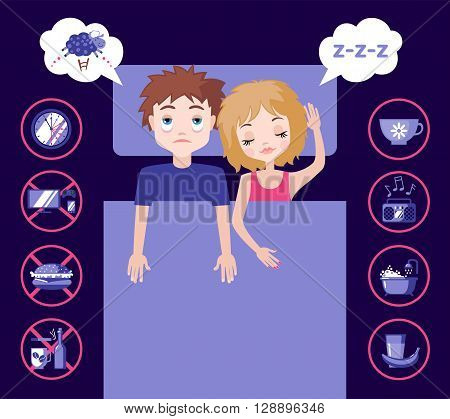 Sleepless man character counting sheep and sleeping woman character with good dream. Sleep and insomnia flat icons. Vector illustration. Sleeping concept