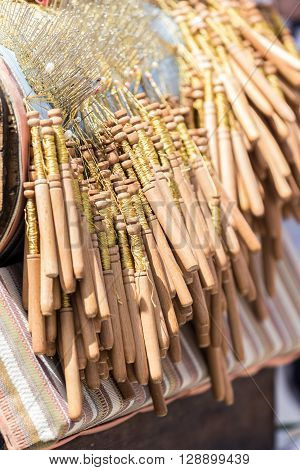 Close-up Bobbin Lace Making. Shallow Dof.