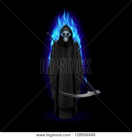 Grim Reaper in blue flame over black baclground
