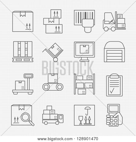 Big set of modern thin line icons for warehouse stock and industrial storage isolated on background. Vector illustration