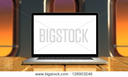 Laptop with blank screen on wood table - laptop whole is sharp. 3D rendering