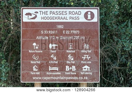 KARATARA SOUTH AFRICA - MARCH 4 2016: Information board of the historic Hoogekraal Pass on the Seven Passes Road in the Garden Route built 1882