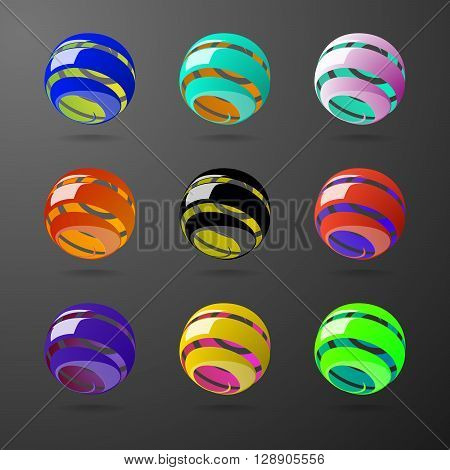Set of color spiral ball shapes.  Globe illustration with reflectons. Abstract 3d sphere logo elements