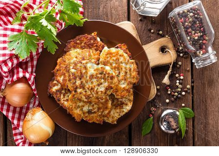 fried meat cutlets on a plate on table